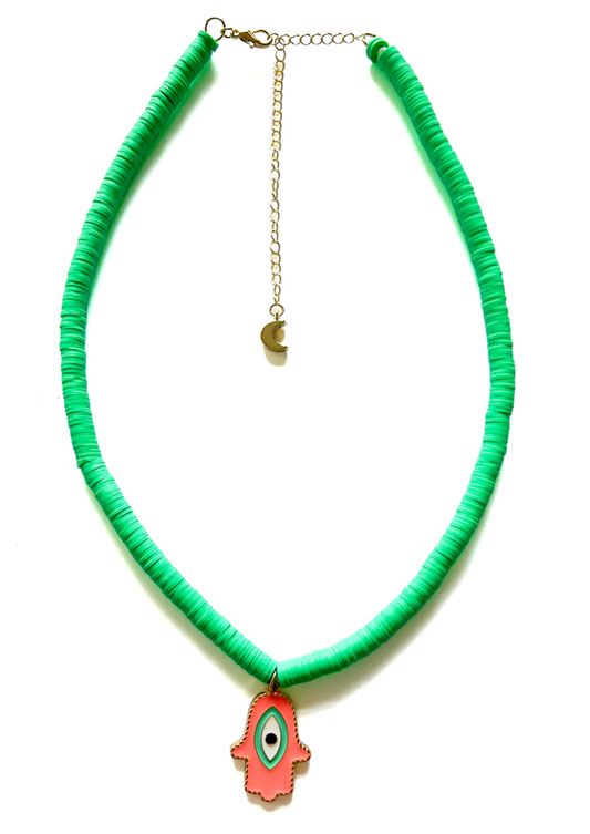 Beach Jewellery - Bright Green Heishi Bead Necklace with Coral Evil Eye Hamsa Pendant