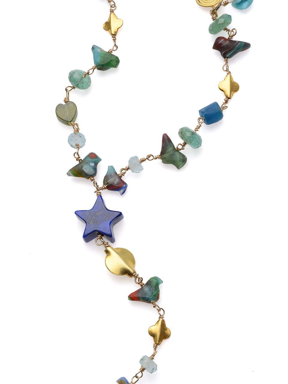 Y Shaped Necklace with Emeralds, Lapis, Gabri Birds and Gold Charms