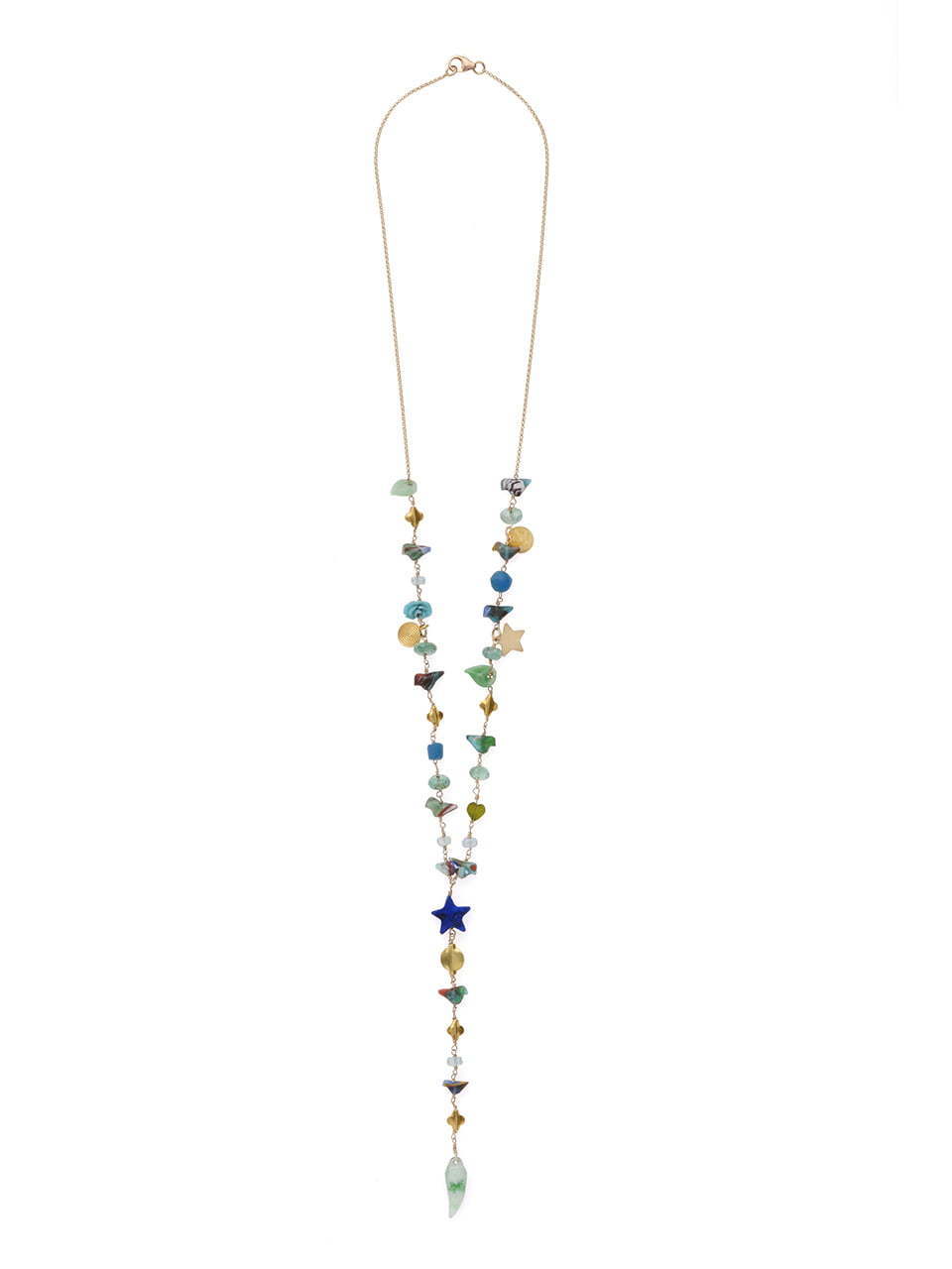 Y Shaped Necklace with Emeralds, Lapis, Gabri Birds and Gold Charms