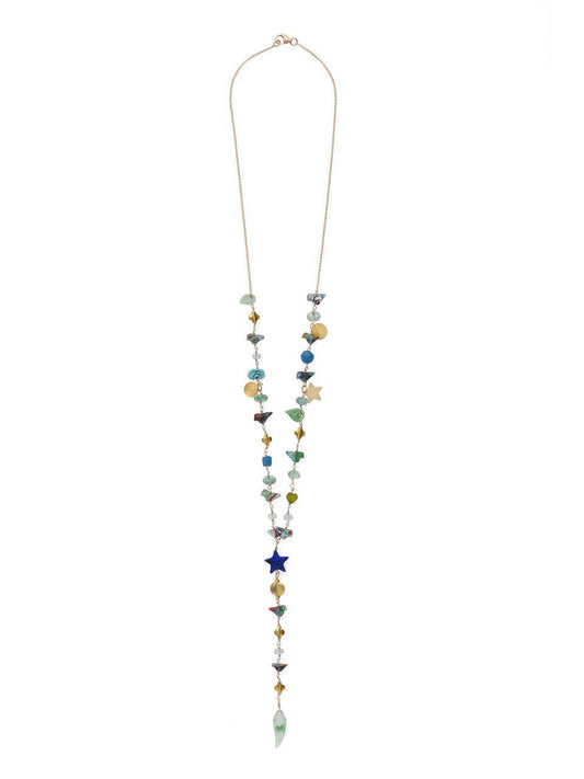 Y Shaped Necklace with Emeralds, Lapis, Gabri Birds and Gold Charms