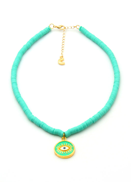 Beach Jewellery - Signature Heishi Bead Necklace with Lucky Evil Eye Talisman Pendant