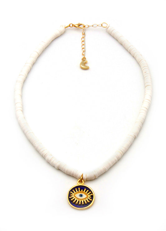 Beach Jewellery - Pure White Heishi Bead Necklace with Navy Blue Lucky Evil Eye Talisman Pendant
