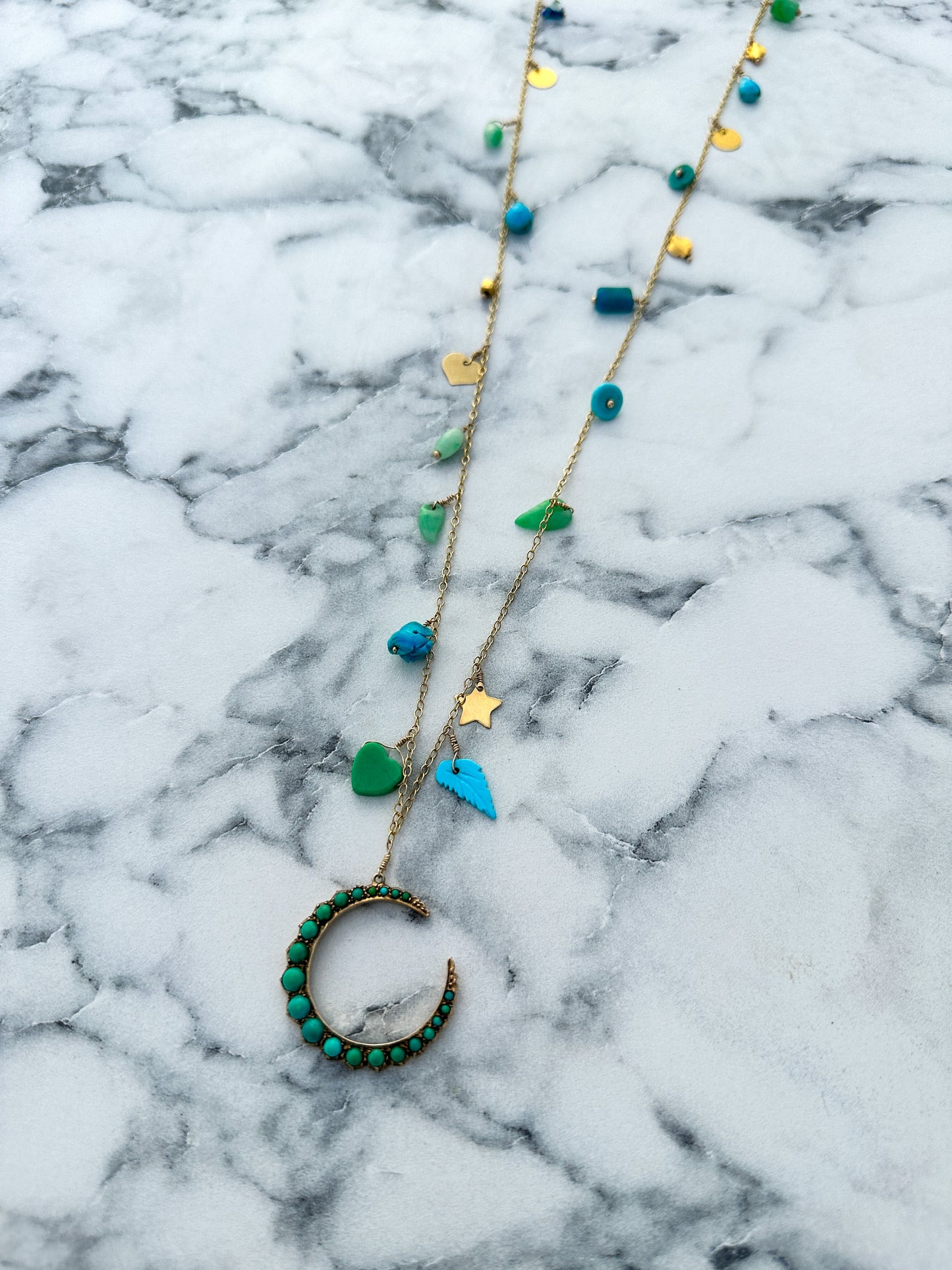 Long Trinket Necklace with Vintage Victorian Turquoise Moon