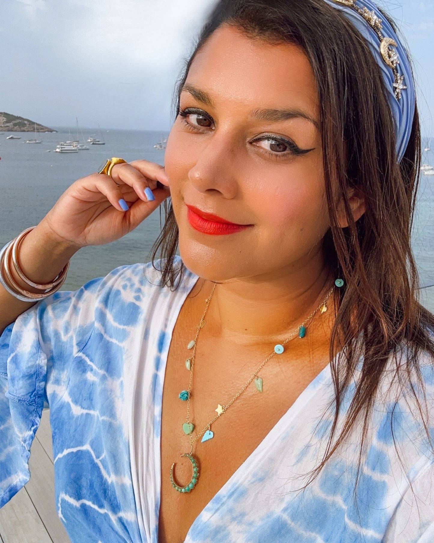 Long Trinket Necklace with Vintage Victorian Turquoise Moon