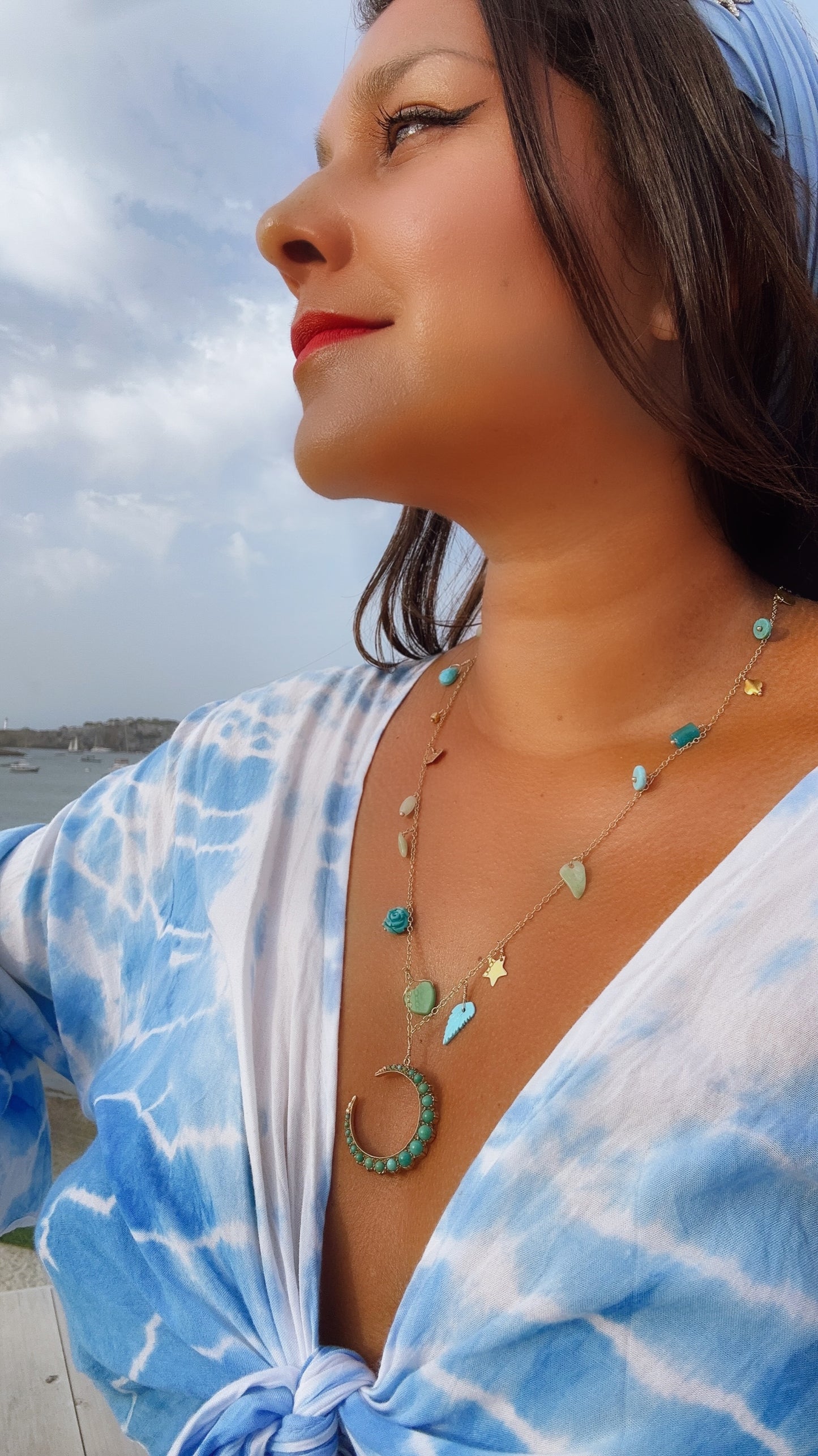 Long Trinket Necklace with Vintage Victorian Turquoise Moon