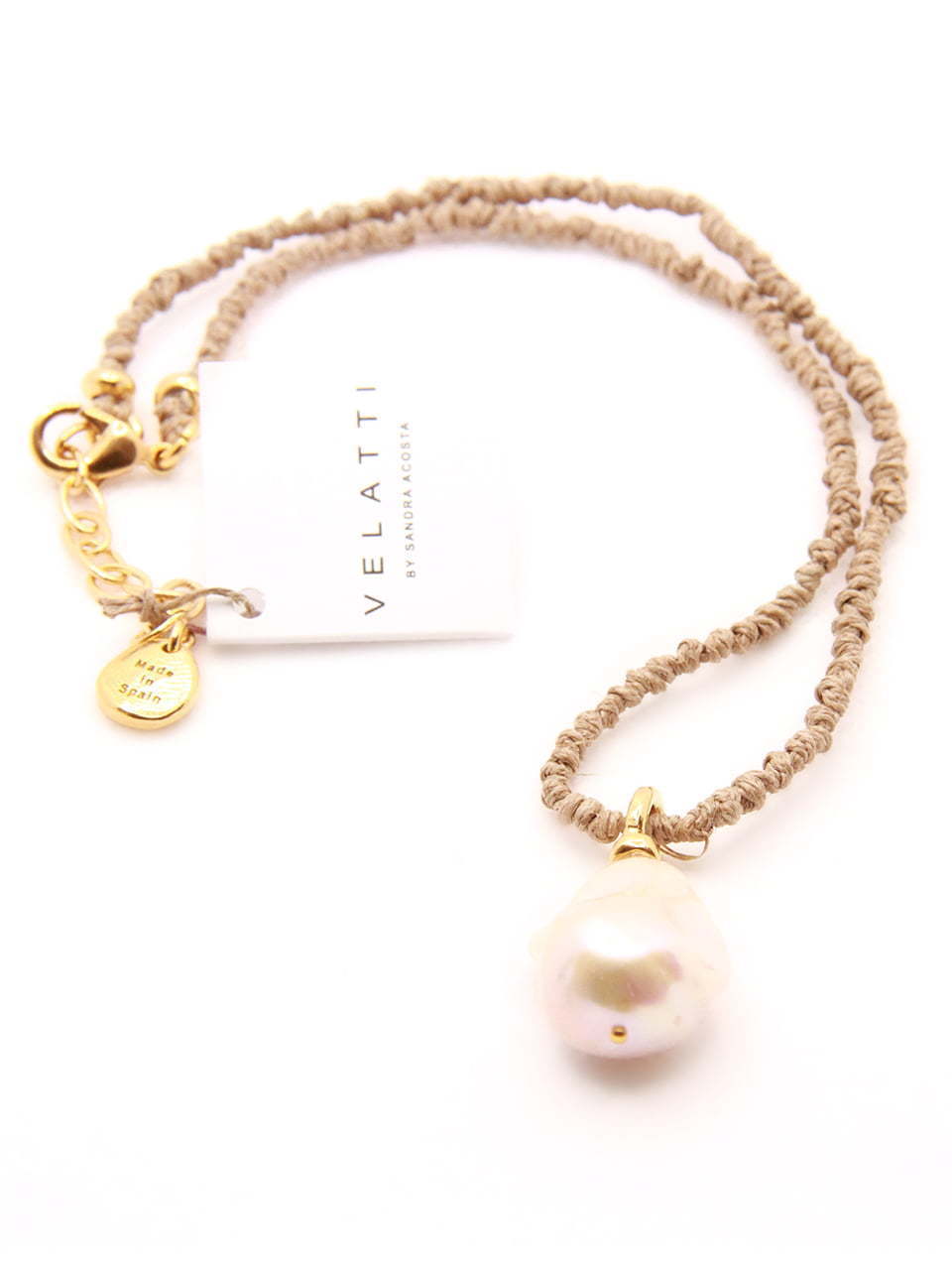 Hand Knotted Linen Necklace with 1 White Baroque Freshwater Pearl Drop and Gold Plated Findings