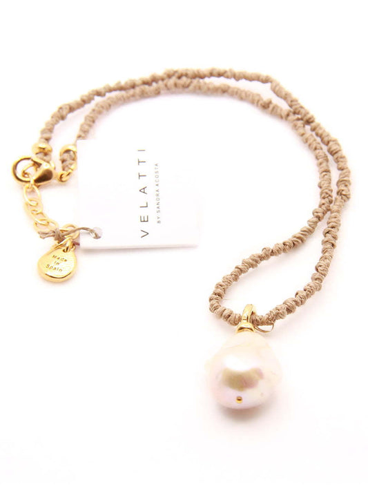 Hand Knotted Linen Necklace with 1 White Baroque Freshwater Pearl Drop and Gold Plated Findings