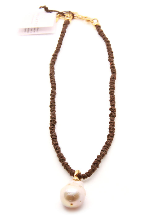 Hand Knotted Brown Linen Necklace with 1 Pink Baroque Freshwater Pearl Drop and Gold Plated Findings