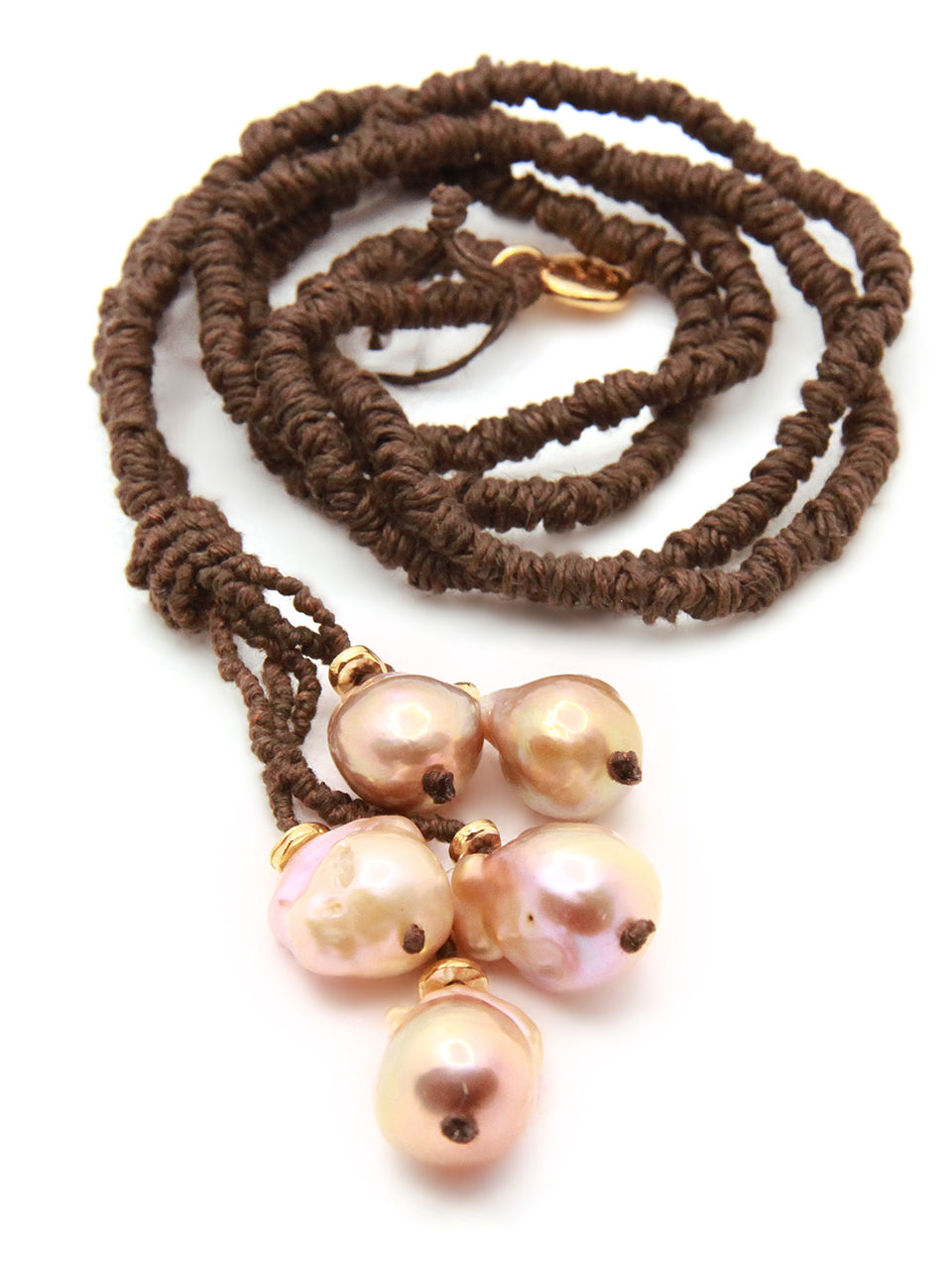 Hand Knotted Brown Linen Necklace with 5 Pink Freshwater Pearls and Gold Plated Findings