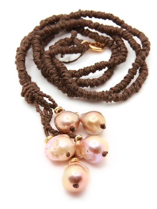 Hand Knotted Brown Linen Necklace with 5 Pink Freshwater Pearls and Gold Plated Findings