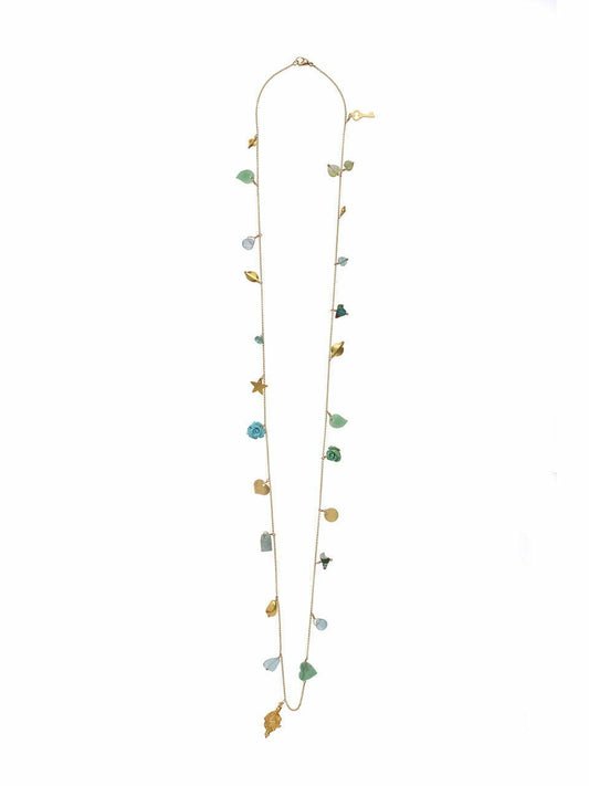 Trinket Necklace with Aquamarine, Jade, Turquoise and Gold Charms