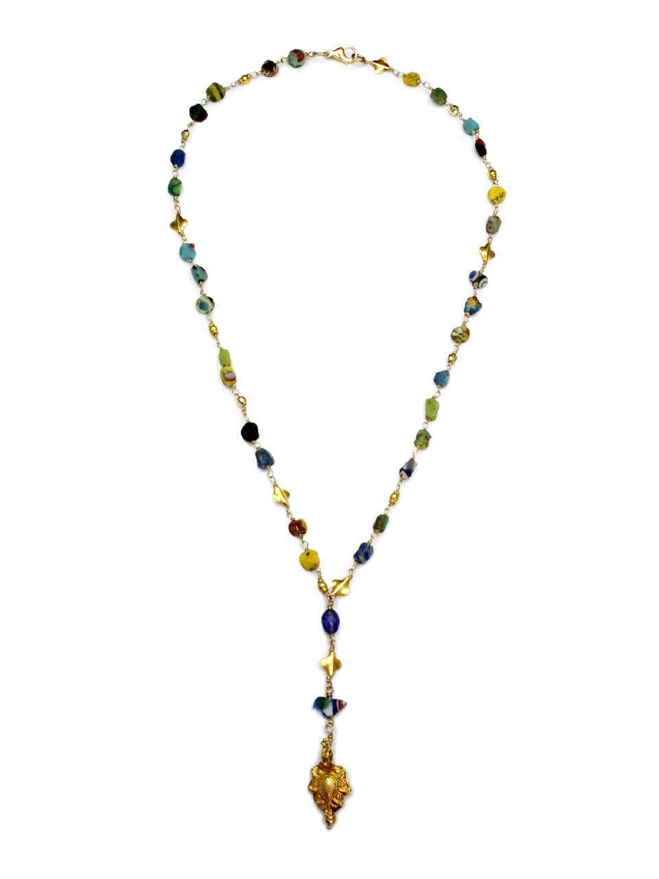 Y Shaped Necklace with Gabri Beads, Sapphire and 22ct gold drop