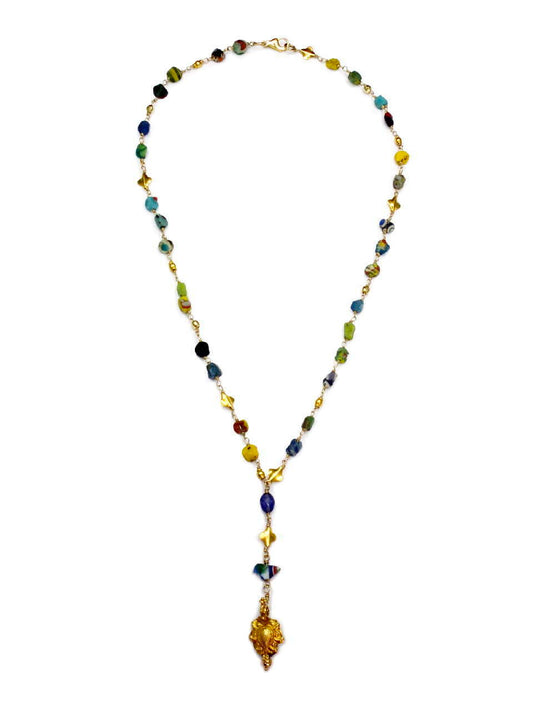 Y Shaped Necklace with Gabri Beads, Sapphire and 22ct gold drop